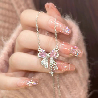 Colar coreano com pingente de laço de coração de cristal rosa, corrente prateada, para mulheres, joias estéticas para casamento