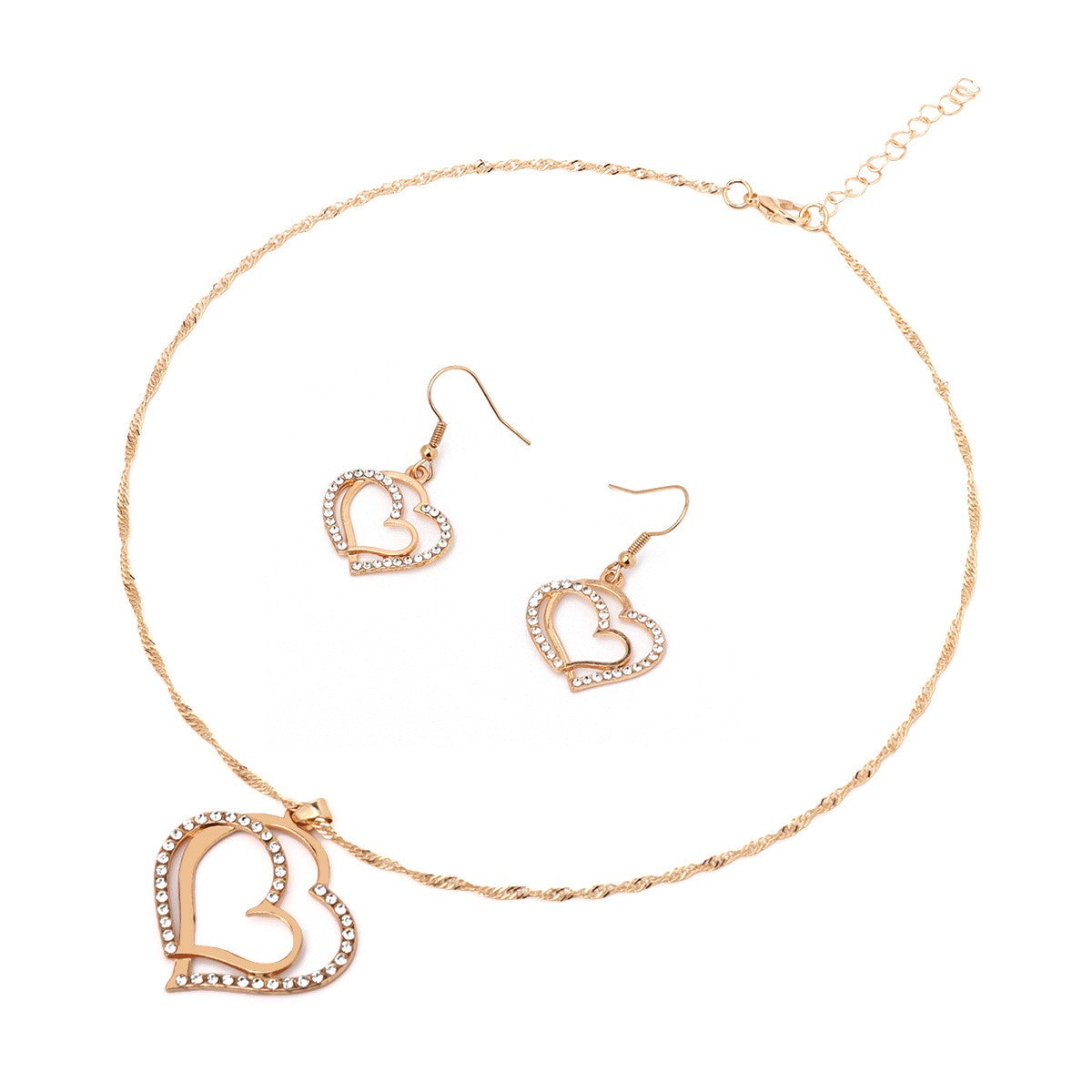 Conjunto de Joias Coração de 3 Peças Brincos Colar com Pingente para Mulheres Conjunto de Joias Duplo Coração de Strass Elegante e Moderno