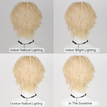 Blonde Men Cosplay Short Synthetic Straight Wigs Middle Part Anime Game Fluffy Wig Heat Resistant for Daily Party