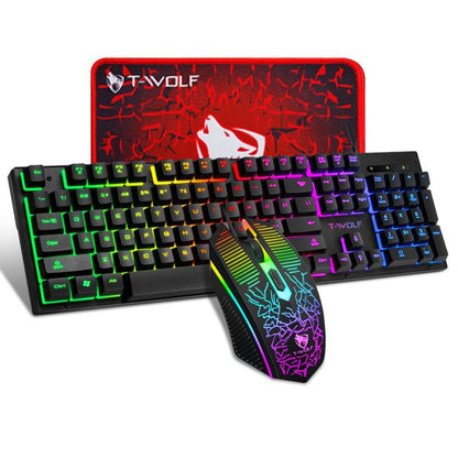 Teclado e Mouse Com Fio TF31 Conjunto Retroiluminado RGB Impermeável Luminoso Teclado de 104 Teclas Mouse com DPI Ajustável e Mouse Pad de Brinde