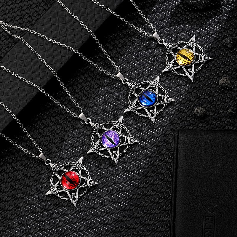 Colar com Pingente de Olho do Diabo em Formato de Pentagrama para Homens e Mulheres Joias Modernas Punk Retrô de Metal Não Ajustável de Gola Presentes