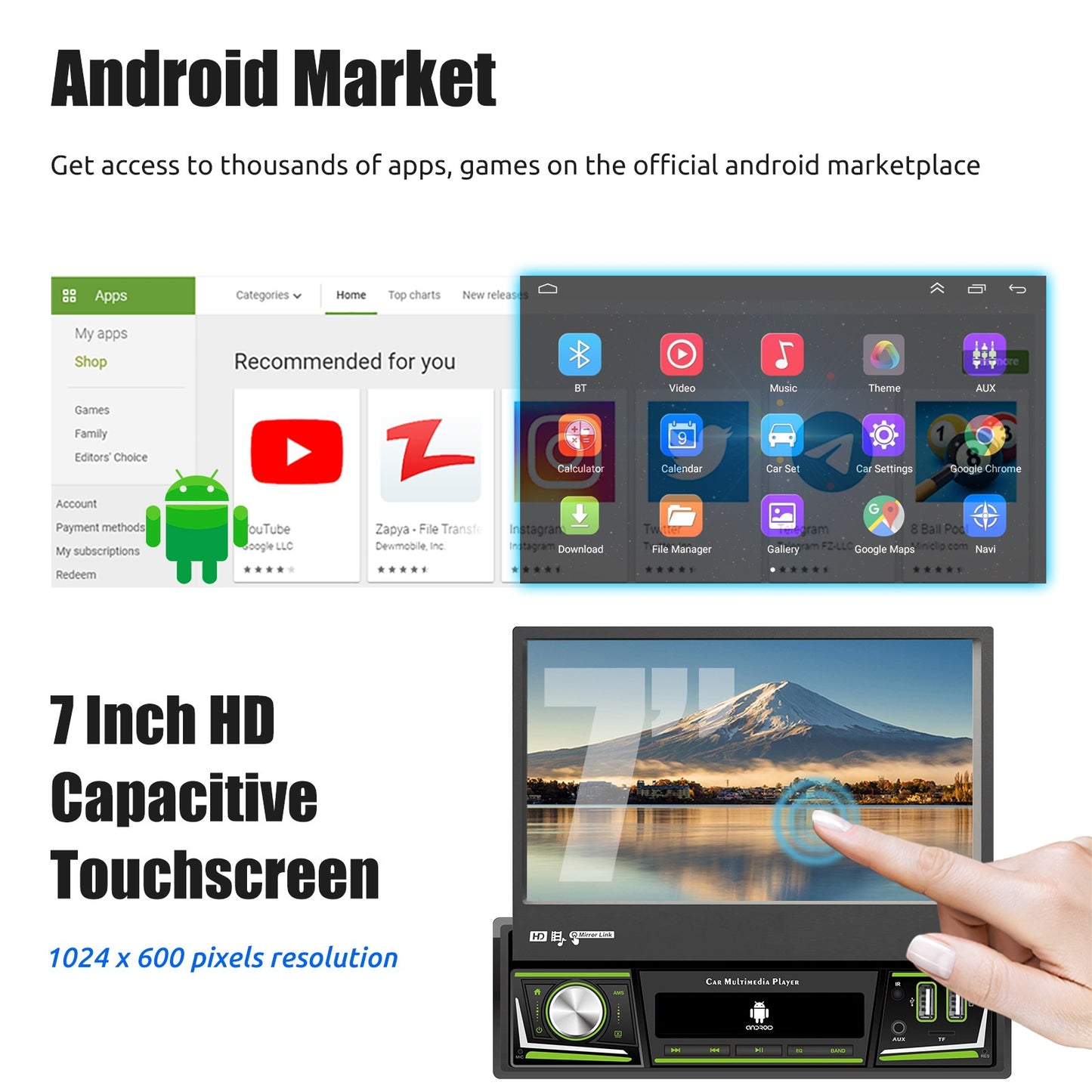 ESSGOO 1 DIN 7 Polegadas Flip Out Tela Touchscreen 4+64G Android 14 Rádio Estéreo Automotivo Apple Carplay GPS Navi Wifi FM RDS Bluetooth USB EQ