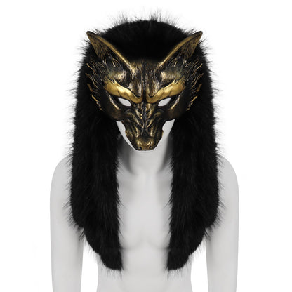 Viking Wolf Mask Faux Fur Headdress Werewolf Barbarian for Halloween Cosplay Costume Accessories