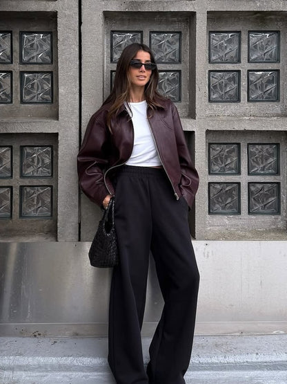 Full Sleeve Cropped Women Casual Slim Thin Motorcycle Coat Chic Zipper Lapel Wine Red Leather Jacket Lady New Highstreet Outwear