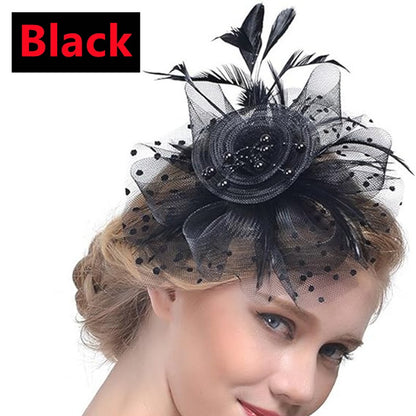 New 12 Color Net and Feather Fascinator Hat Headband Alice Headband Clip Mesh Flower Wedding Cocktail Hair Accessories Tea Party