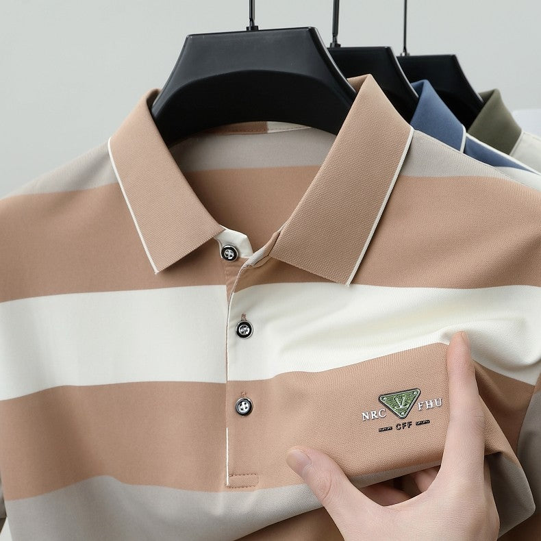 luxury wide stripe color blocked short sleeve polo shirt high-end brand letter embossed T-shirt fashion breathable men's wear