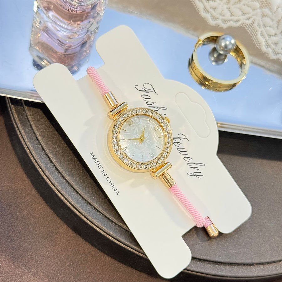 Ladies Colorful Nylon Pull-Style Bracelet Alloy Case Arabic Scale Printed Dial Christmas Quartz Watch Suitable for Holiday Gift