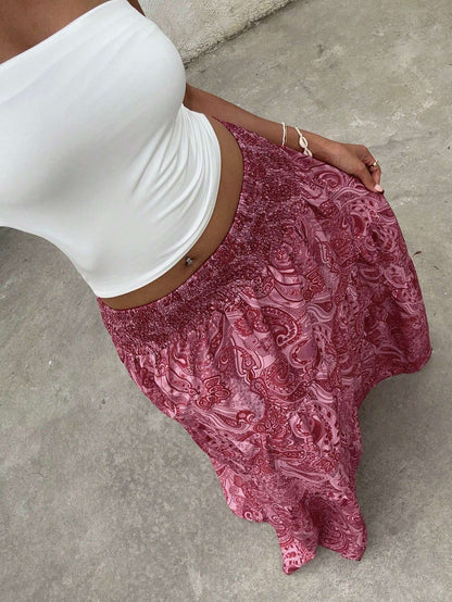 Vacation Style Stretchy Waist Long Maxi Skirt - Flowy Beach Skirt with Elastic Waistband