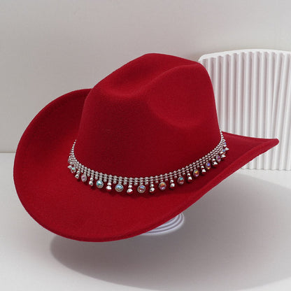 Boné Feminino Ocidental Brilhante com Pedrarias Chapéu Panamá Jazz Festa Temática Boné Vintage com Aba Larga Chapéu de Cowgirl para Festa Viagem