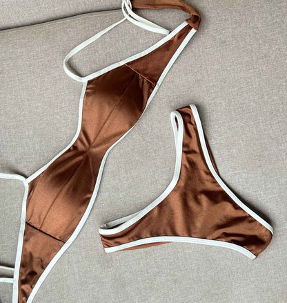 2025Sexy Bikini Women Swimsuit Female Swimwear Bandeau Biquini Thong Bathing Suit Shiny Swimming Suits Halter Bodysuit Beachwear