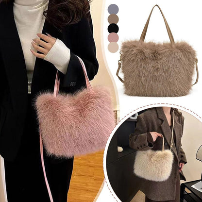 Faux Fur Tote Bag Women's Bucket Plush Light Luxury Ladies Handbags Soft Winter Crossbody Shoulder Bags
