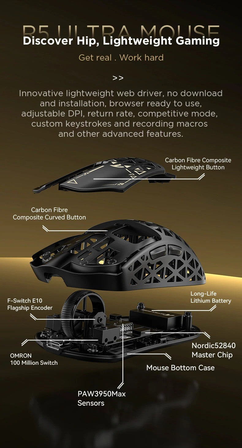 ATTACK SHARK R5 Ultra Wireless Gaming Mouse 39g Lightweight Carbon Fiber 8K Polling PAW3950MAX 42000 DPI Tri-Mode Esports Mouse