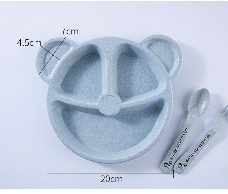 3-Piece Cute Divided Dining Plate for Children's Bowls Solid Color Fork Spoon Sucking Tableware Set with Wheat Material