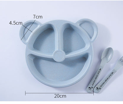 3-Piece Cute Divided Dining Plate for Children's Bowls Solid Color Fork Spoon Sucking Tableware Set with Wheat Material