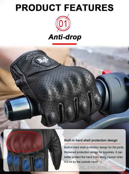 Luvas de Couro Perfurado Retrô de Verão para Motocicleta Masculino Feminino Luvas de Dedo Completo para Motocross Motoqueiro Guantes Moto Equipamento M-XXL