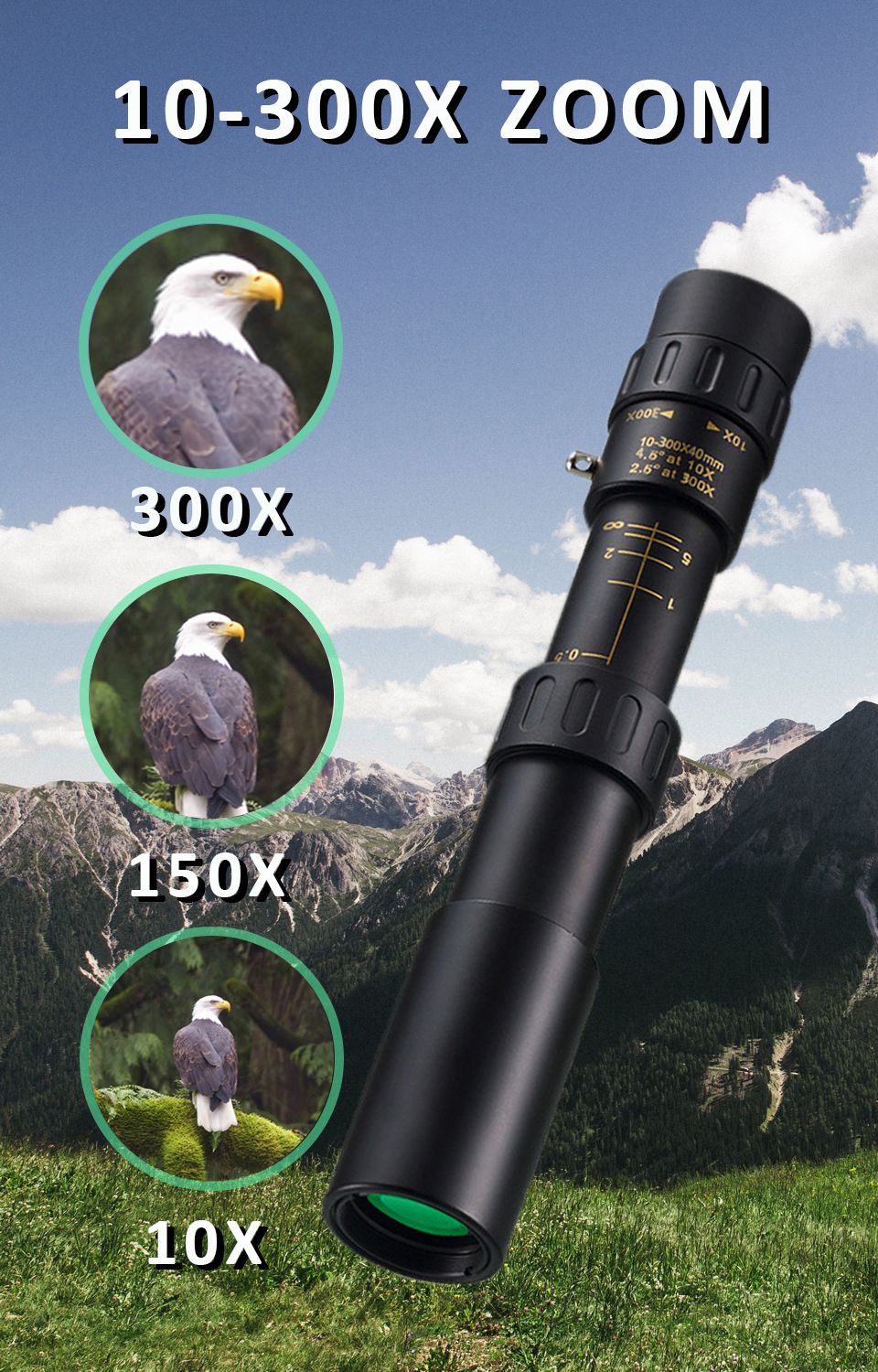 Telescópio com Zoom 10-300x40 HD 4K Binóculos Potentes Portáteis Longo Alcance Monocular Profissional BAK4-Prismático Para Caça e Acampamento
