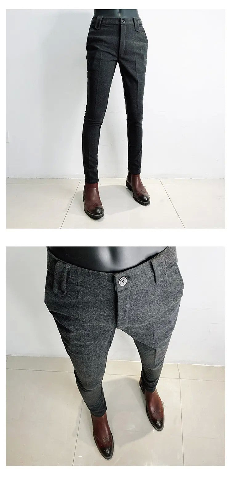 Autumn Winter Thickened Suit Pants Men Casual Slim Fit Straight Trousers Formal Business Woolen Cloth Social Office Dress Pants