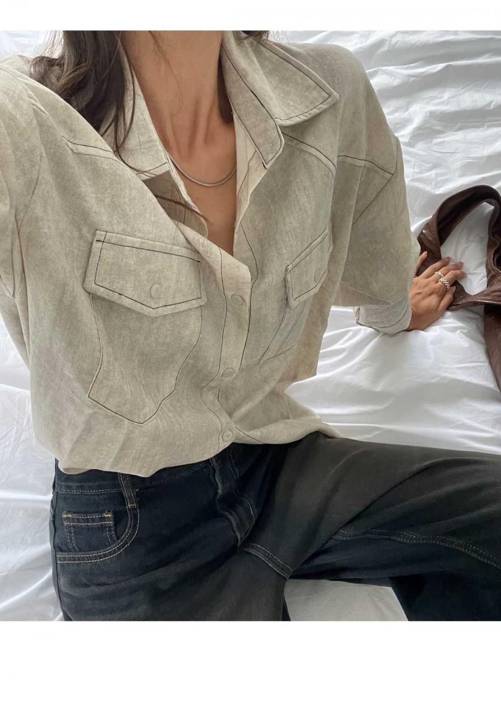 Loose Long Sleeve Casual Denim Shirt Korean Style Loose Fit Shoulder Casual Shirt Pure Color Shirt City Style Commute Shirt