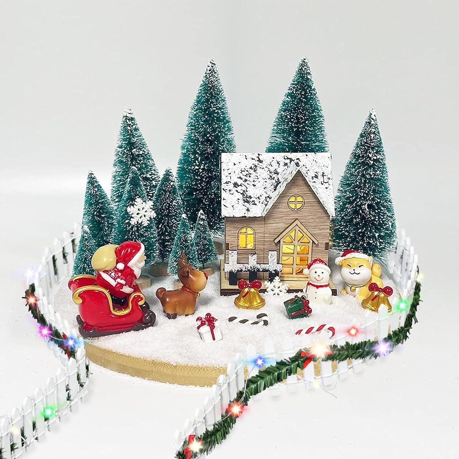 MicoLandscape Christmas Elf Fairy Garden Miniature Wooden Fence Handmade LED Light String Vine Landscape Greenery Evergreen Prop