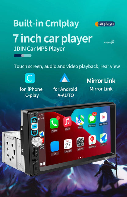 Universal 1 Din Car Radio HD 7" Touch Screen Stereo Bluetooth USB FM ISO Power Aux Input Mirror Link Auto Multimedia Player MP5