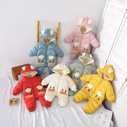 Demin-season Winter Kids Boys Rompers 2025 Cartoon Pockets Hooded Bodysuit For 0-3Y Newborn Infant Babys Boys One-piece Jumpsuit