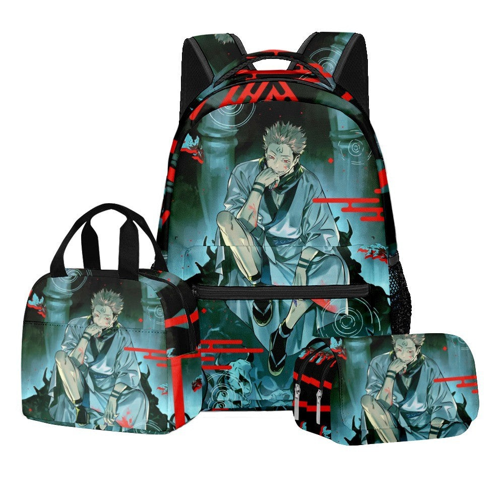 Anime Estampa Digital Jujutsu Kaisen Conjunto Escolar Mochila Grande Capacidade Lancheira Estojo de Lápis 2 Camadas 3 Peças Presente para Menino