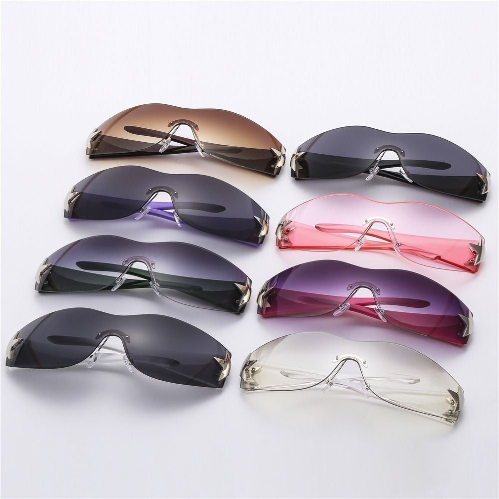 New Y2K Rimless Punk Sunglasses Goggle Women Men Luxury Brand Wrap Around Sun Glasses Five Star Eyewear Sports One Piece Shades
