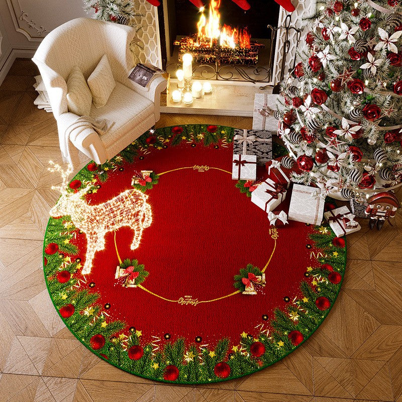 VIKAMA Christmas Round Crystal Velvet Carpet, Living Room Sofa Mat, Non-slip Bedroom Bedside Rug, Holiday Home Decoration