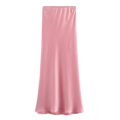 XNWMNZ Women's Fashion 2023 Flowing Satin Midi Skirt Women Vintage Elastic High
