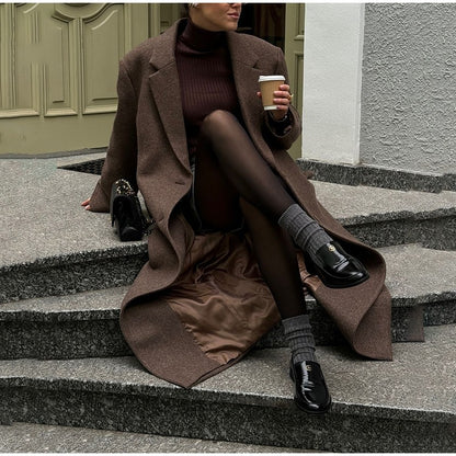 Women Shoulder Pad Wool Long Coats Fashion Lapel Single-breasted Long Sleeve Coat Chic 2025 Autumn Lady Commute Street Outerwear