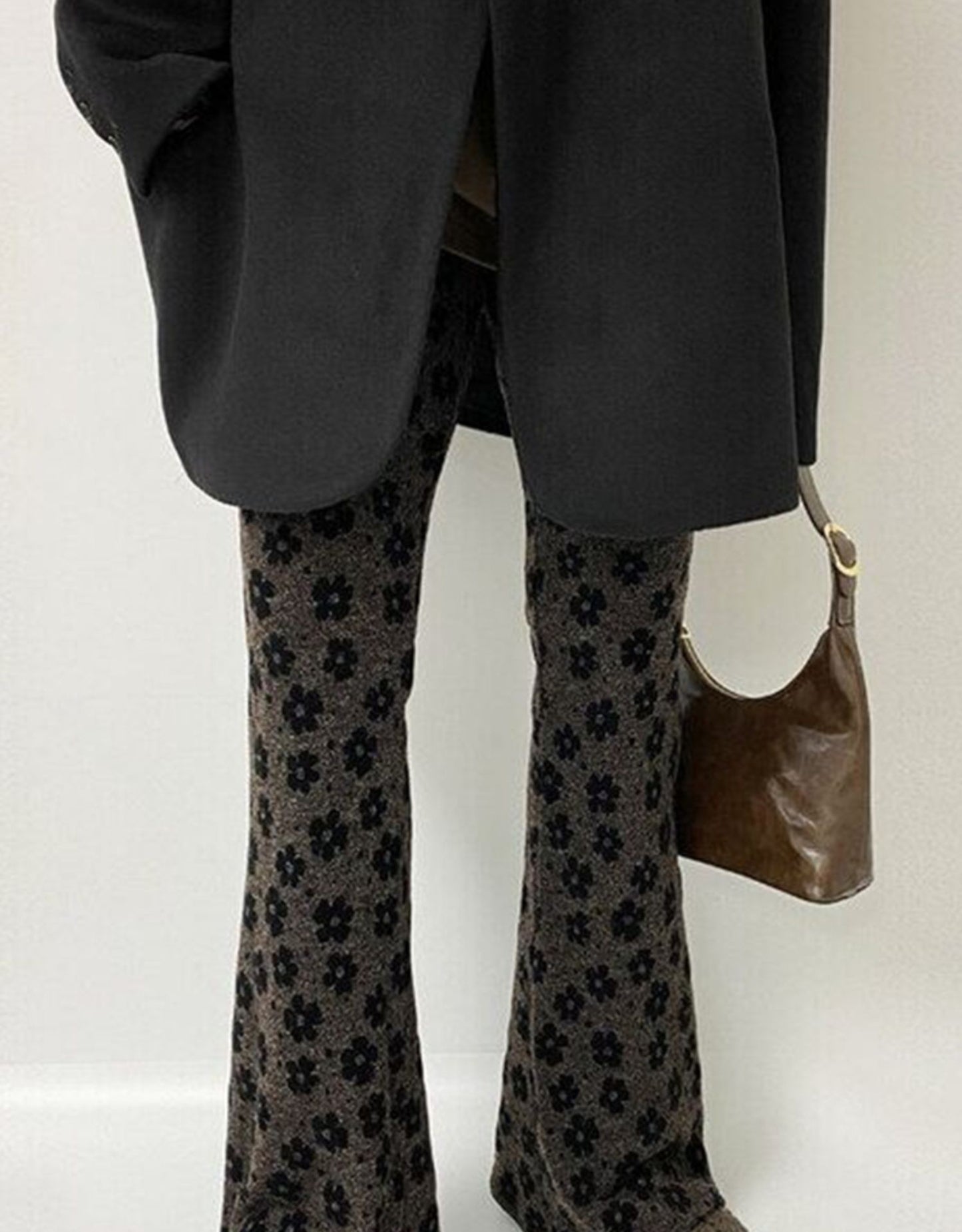 East Gate 2025 Autumn Winter New Sle Retro Print Small Flower Tight Elastic Waist Flared Pants Women Casual Long Pants