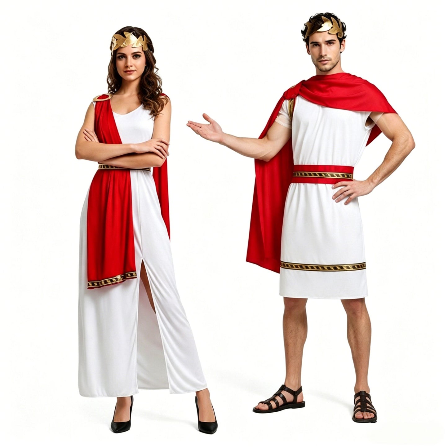 Roman Greek Costume Adult Men Women Couple Toga White Tunic Red Cape Gold Laurel Wreath Halloween Carnival Cosplay Outfit Set