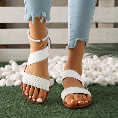 Summer Ladies Outdoor Sandals Fashion Round Headed Solid Color Weave Flat Shoes Casual Comfortable Women's Sandal