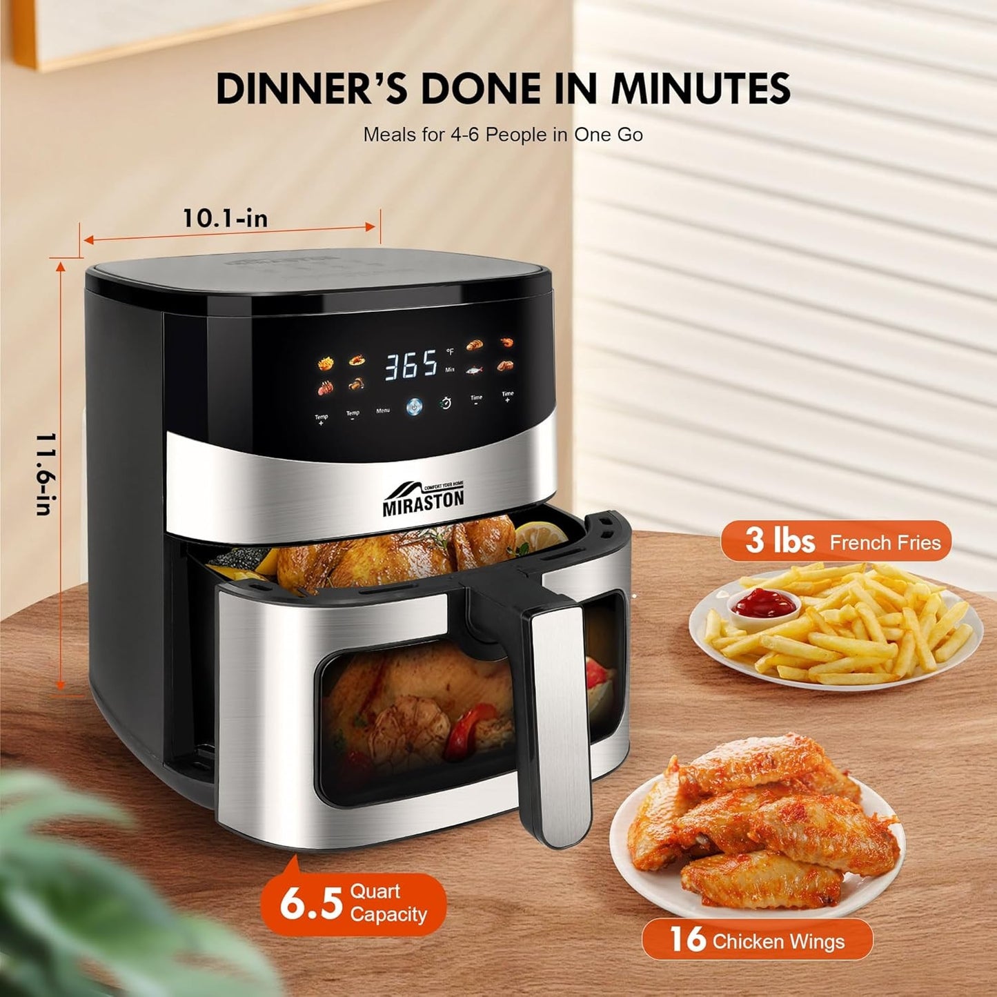 Fritadeira de Ar de 6,5QT com Visor, Fritadeiras de Ar Inteligentes Digitais, 8 Receitas Predefinidas para Refeições Rápidas e Fáceis, Lanches, Sobremesas, Pratos Principais,