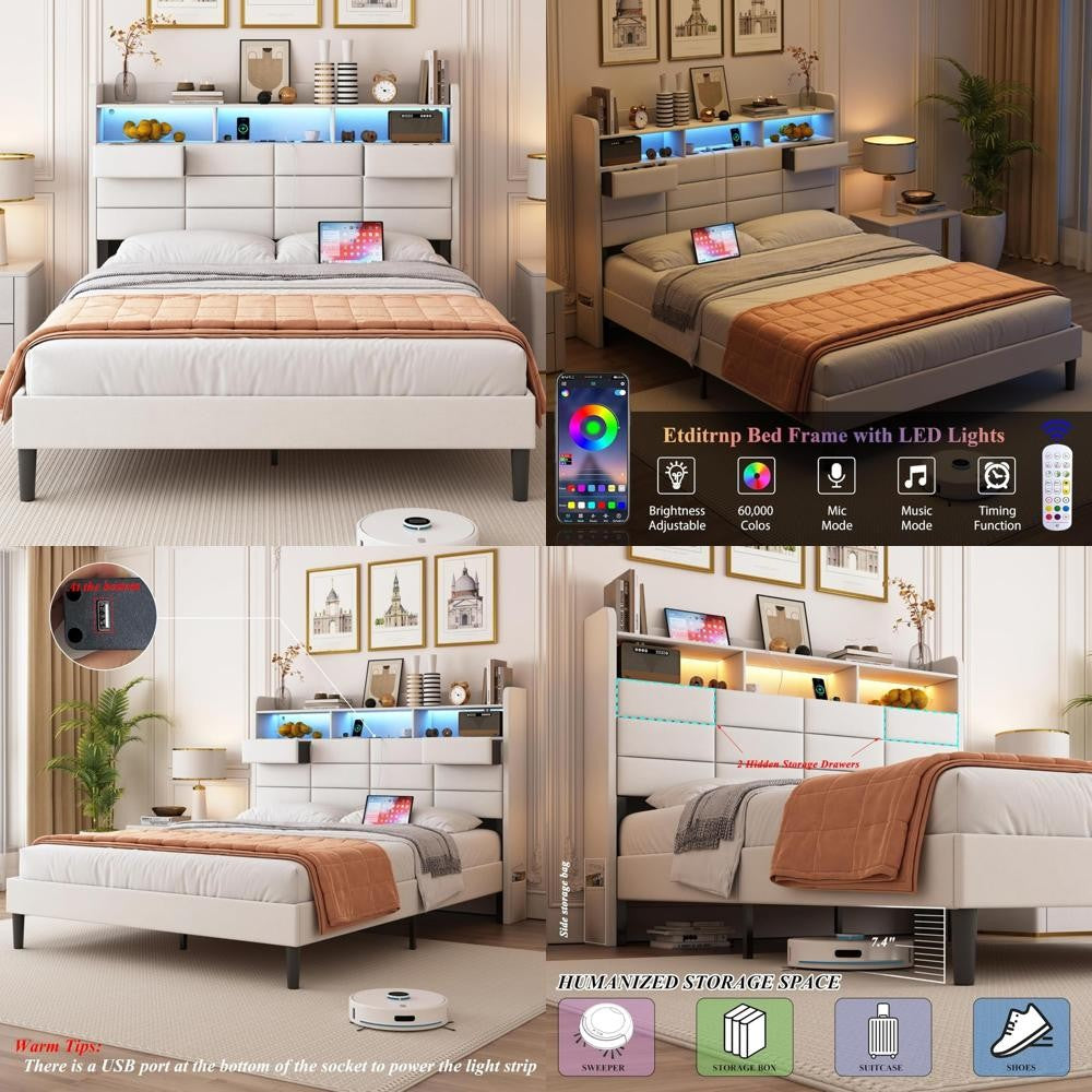 Queen Size LED Bed Frame with Storage, 2 Hidden Drawers, Charging Station, and Velvet Upholstery