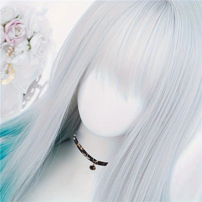 Peruca Sintética Reta Azul e Branca Gradiente com Franja e Rabo de Cavalo Anime Festa Cosplay Moda 2025 Novo Penteado de Fibra