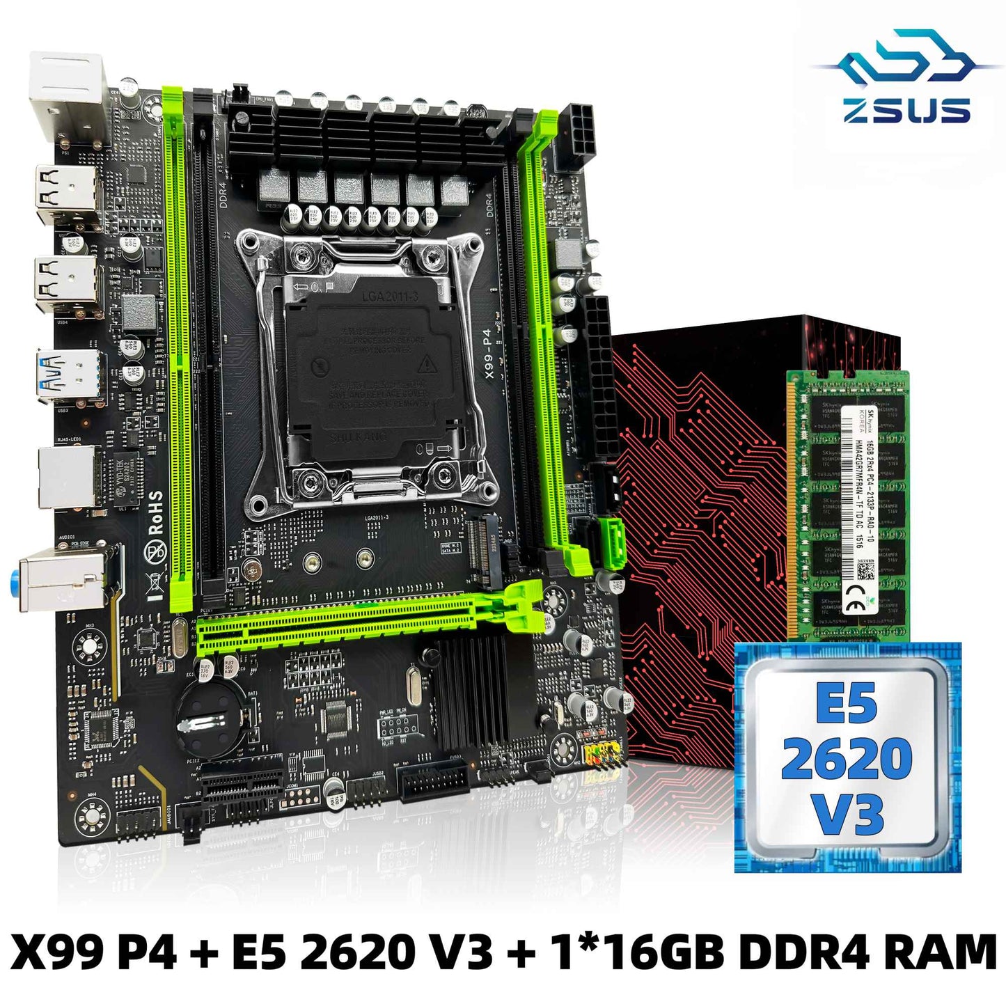 Conjunto de placa-mãe ZSUS X99 P4 com CPU Intel LGA2011-3 Xeon E5 2620 V3, memória RAM DDR4 de 16GB (1*16GB) 2133MHZ, NVME M.2 SATA