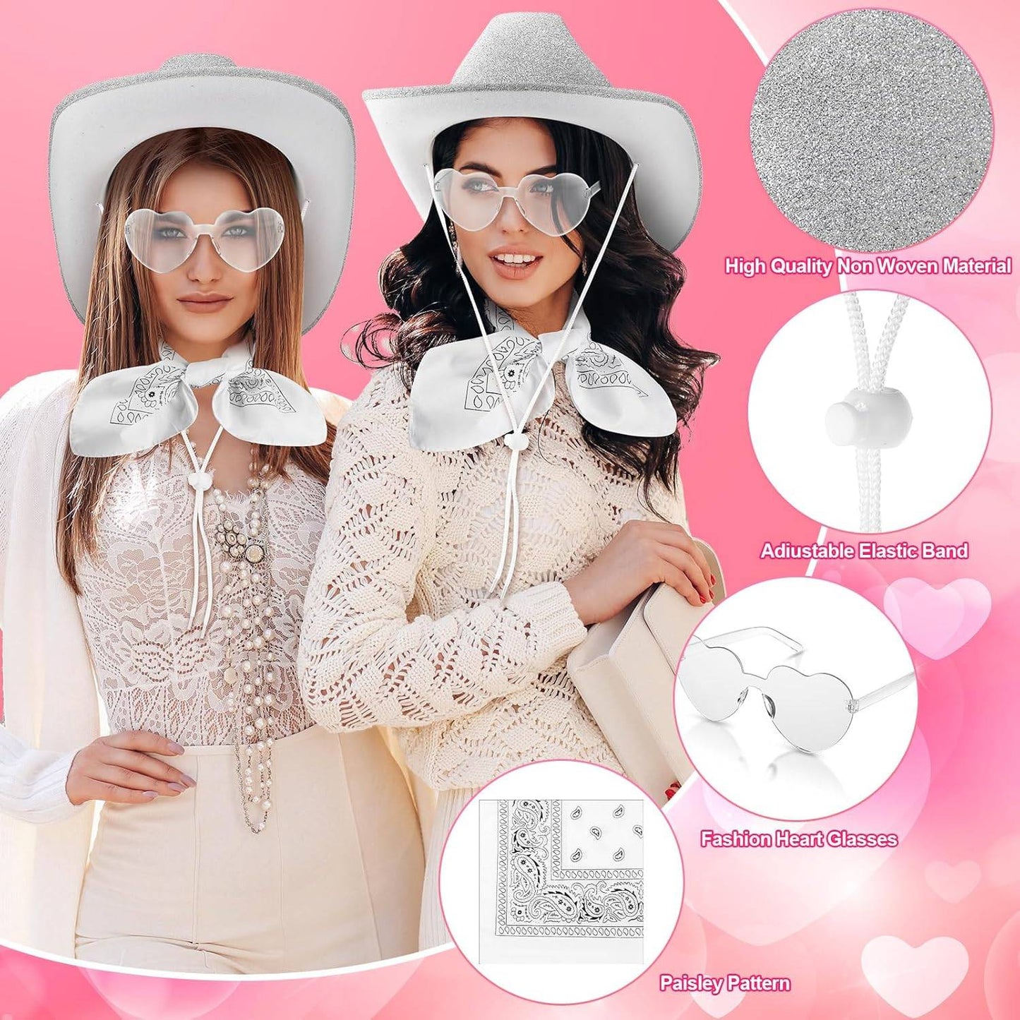 6-48Pcs Sparkly Cowboy Hat for Wedding Bachelorette Party Cowgirl Hats with Bandanas Heart Sunglasses Western Party Supplies