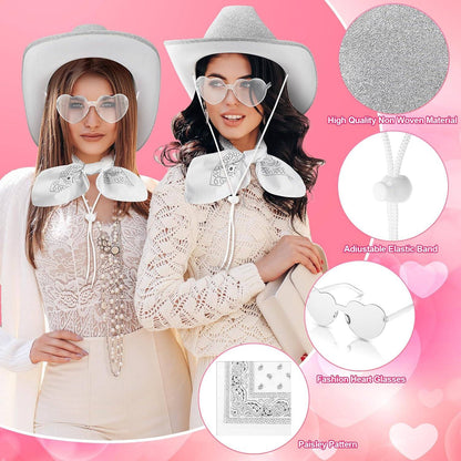 6-48Pcs Sparkly Cowboy Hat for Wedding Bachelorette Party Cowgirl Hats with Bandanas Heart Sunglasses Western Party Supplies