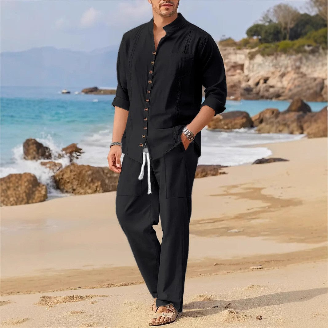 Men's Retro Cotton And Linen Set, Spring And Autumn Fashion Stand-up Collar Pocket Long Pants Long-sleeved Two-piece set