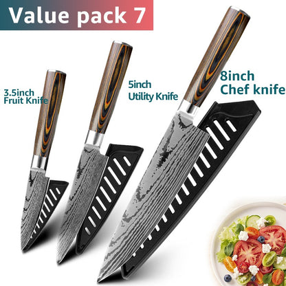 Conjunto de Facas de Cozinha 1-7PÇS Faca de Chef Japonesa Santoku 7CR17 Aço Inoxidável 440C Faca de Imitação de Damasco Cutelo de Carne Fatiador