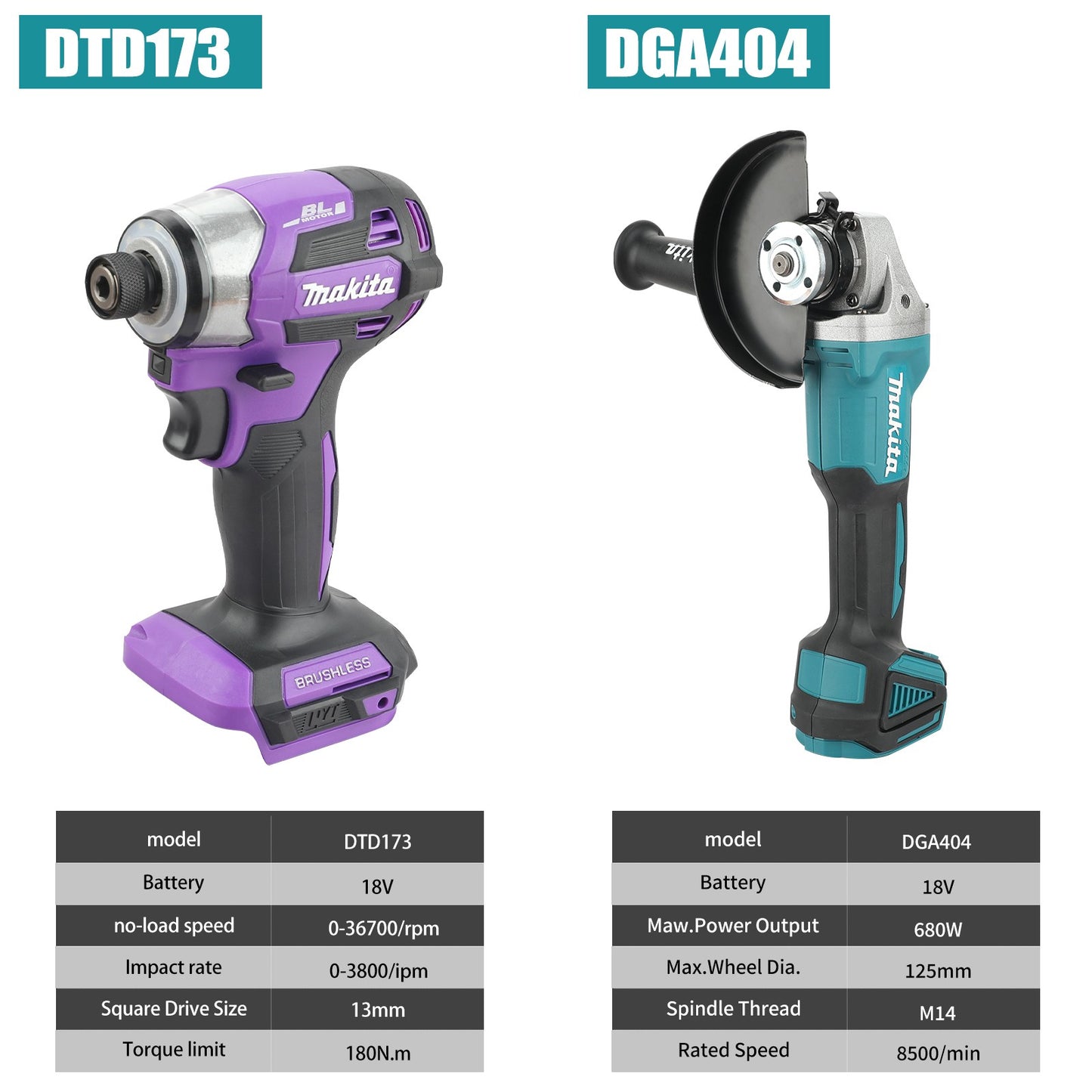 Makita DGA404 18V 125mm Esmerilhadeira Angular Elétrica a Bateria Sem Escova para Corte, Parafusadeira de Impacto DTD173 Sem Escova Ferramenta para Manutenção Automotiva