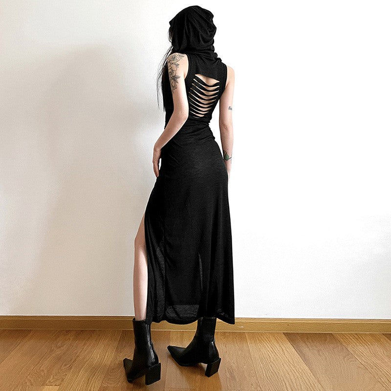 Goth Dark Cyber Gothic Desert Walker Hooded Dresses Y2k Punk Grunge Hollow Out M