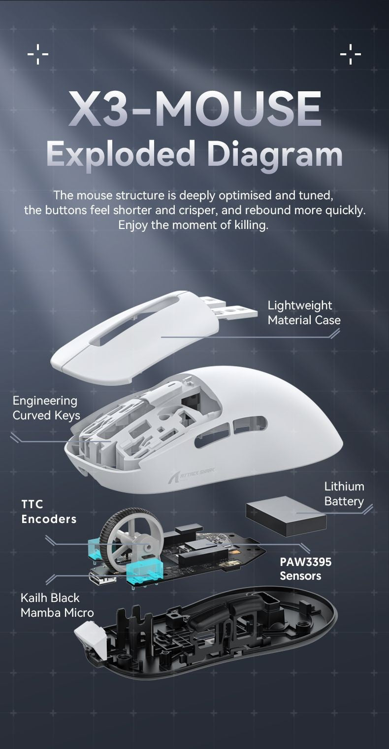 Mouse Gamer ATTACK SHARK X3 Leve Sem Fio Bluetooth Conexão Tri-Modo, PAW3395, Macro