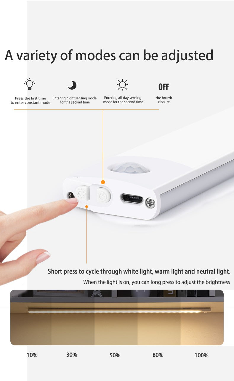 LED Cabinet Light Type C Rechargeable Motion Sensor Night Lights for Kitchen Wardrobe Cabinet Lighting 10cm/20cm/30cm/40cm/50cm