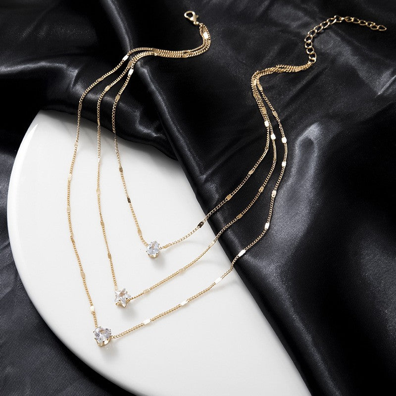 Colar de Pingente em Camadas na Corrente de Pescoço Feminino Cristal Zircônia Coração Estrela Charm Colar Camadas Vintage Joias de Pescoço Femininas Quentes