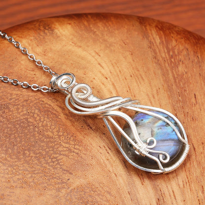 Labradorite Rainbow Moonstone Gemstone Pendant Copper Wire Wrapped Labradorite Jewelry Labradorite Necklace With Chain and Box