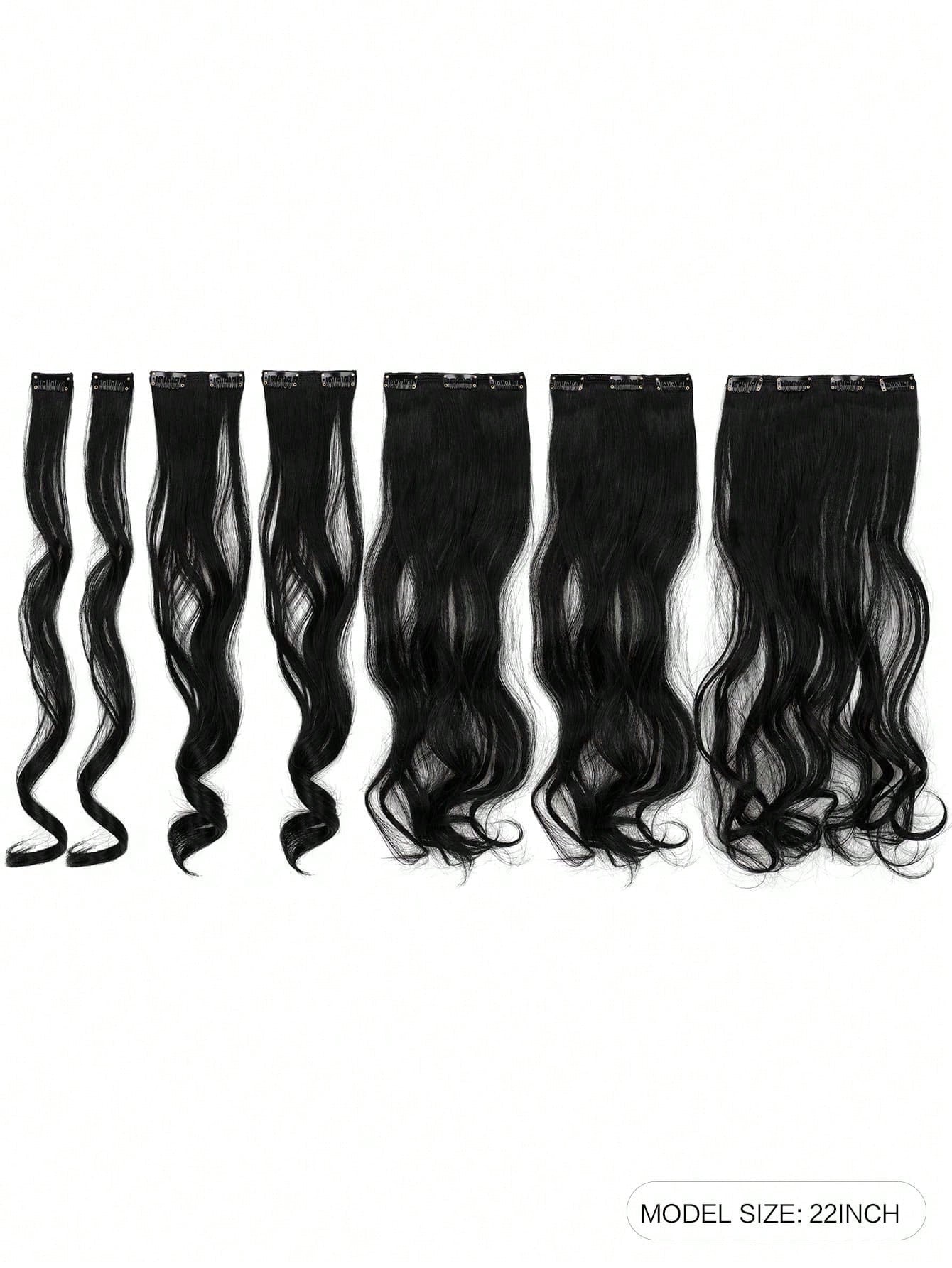 7 peças, onda grande, preto, 22 polegadas, médio, aplique de cabelo sintético com clipe