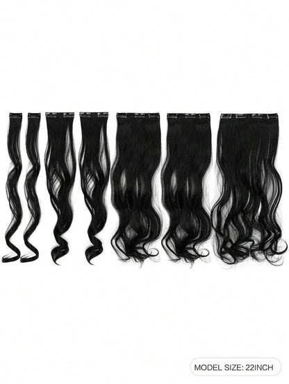 7 peças, onda grande, preto, 22 polegadas, médio, aplique de cabelo sintético com clipe