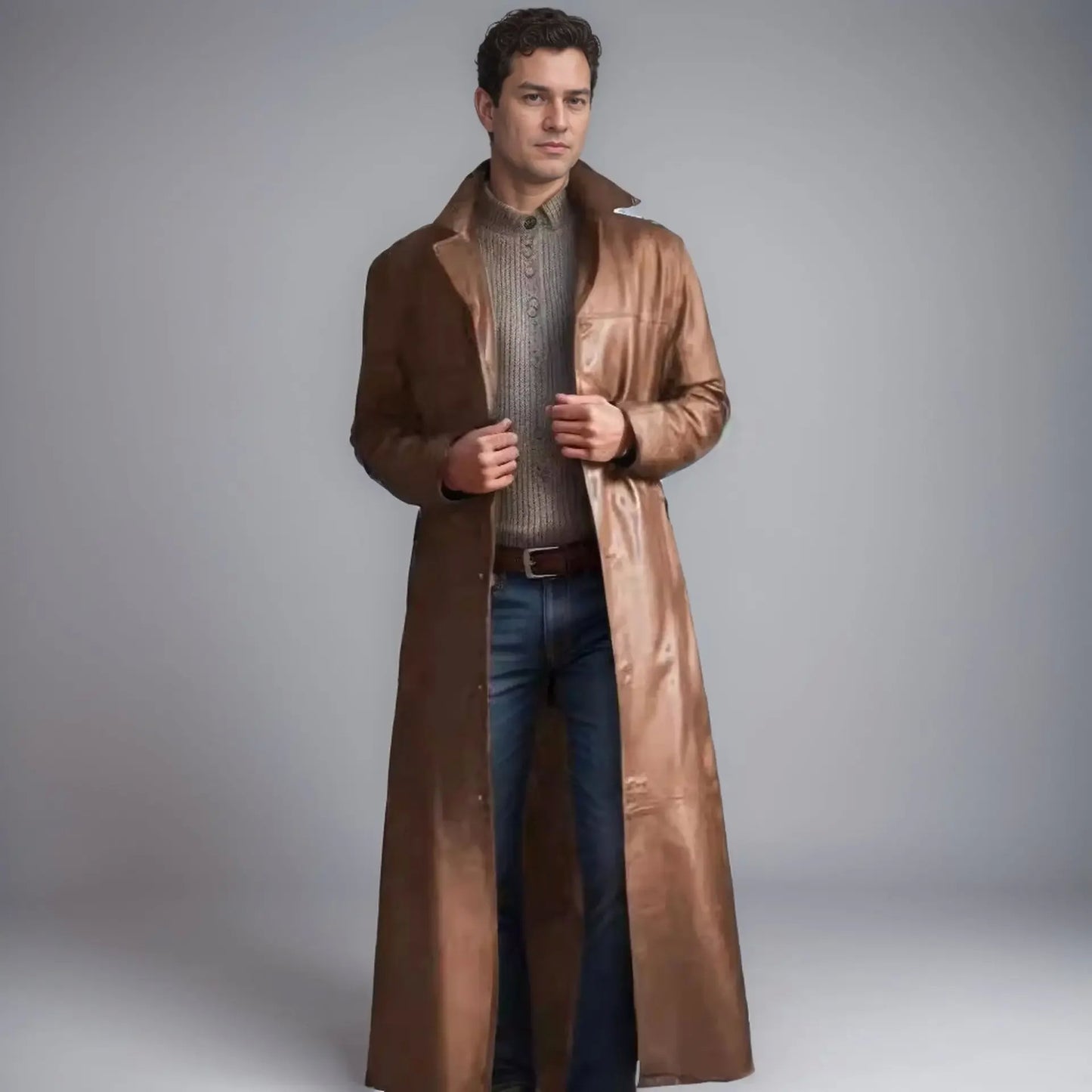 2024 New Men's Long Leather Jackets Goth Punk Button Trench Coat Solid Lapel Collar Long Pu Windbreaker Winter Leather Coats